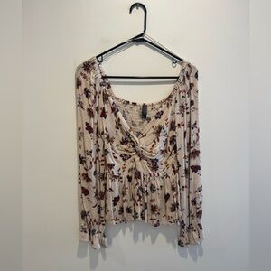 Alya Cream Floral Twist-Front Peplum Blouse